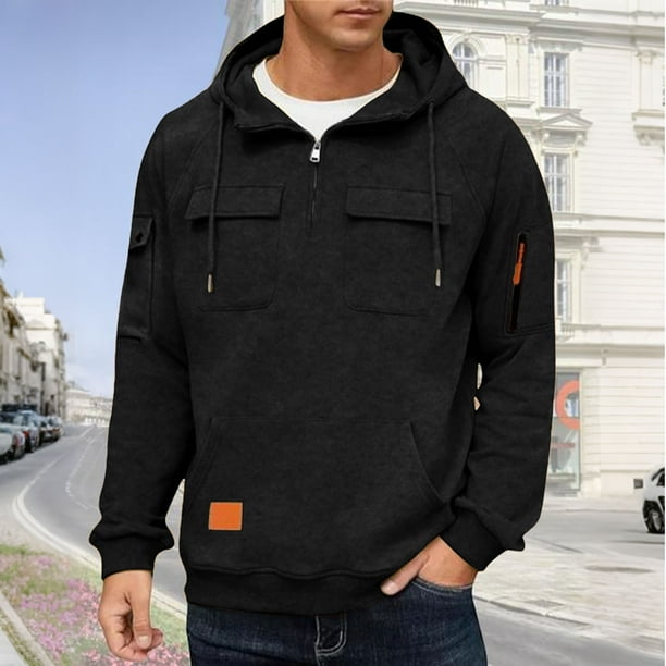 pstuiky Camisas casuales de manga larga para hombre, Sudadera con capucha, cremallera de un cuarto y múltiples bolsillos de manga larga de color liso para hombre tops de invierno para hombre l