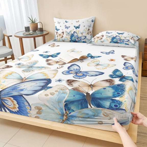 King Size Fitted Sheet Set - Blue Butterfly Farmhouse 3 Piece Bedding Sets 16" Deep Pocket Fitted Sheet with 2 Pillowcases, Spring Pastoral Butterflies Brushed Microfiber Hotel Luxury Bed Sheets