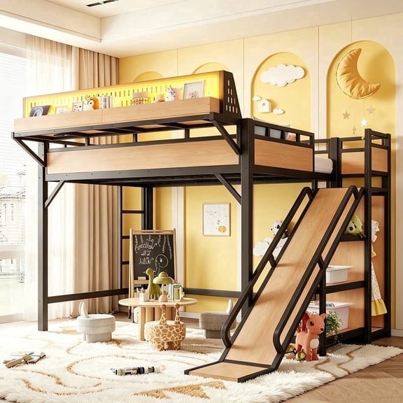 Bellemave Full Size Loft Bed with Slide, LED Lights and USB Port, Heavy Duty Metal Loft Bed Frame with Storage Shelves and Built-in Wardrobe, Tall Lofts with Under Bed Space for Room, Natural