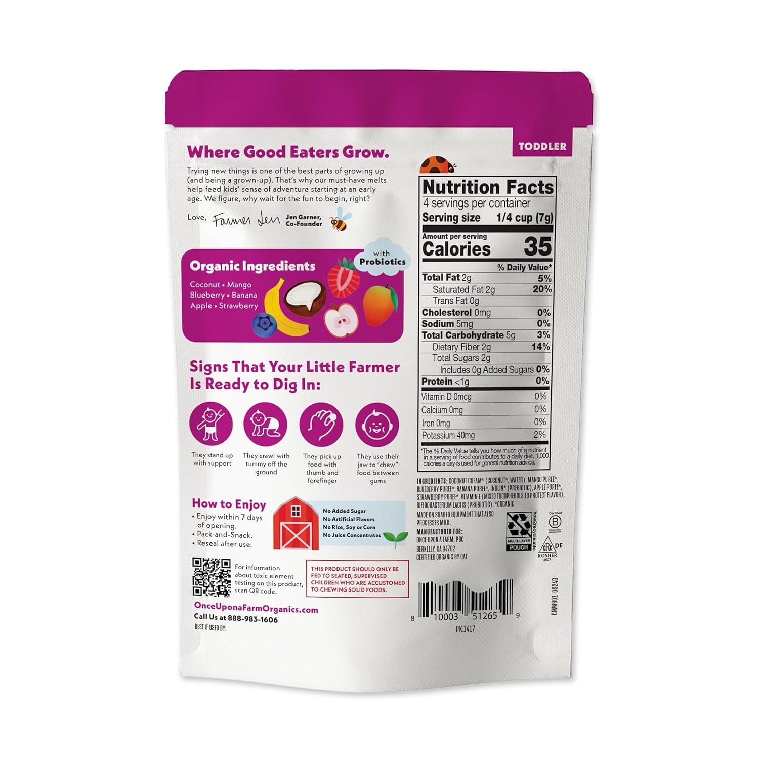 Once Upon A Farm Organic Coconut Melts with Probiotics, Mixed Berry, Dairy Free, Non GMO, Kosher, 1 Ounces (Pack of 8)