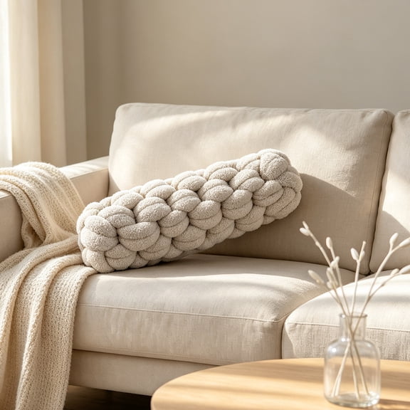 Chunky Braided Long Throw Pillow,Thick Knotted Tube‑Shaped Cushion,Soft Plush Decorative Bolster Pillow for Sofa Couch Bed Home Interior Layout,19"(Beige)