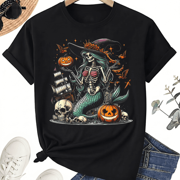 KeHetSoft Unisex Halloween Skeleton Mermaid Cotton Graphic T-Shirt