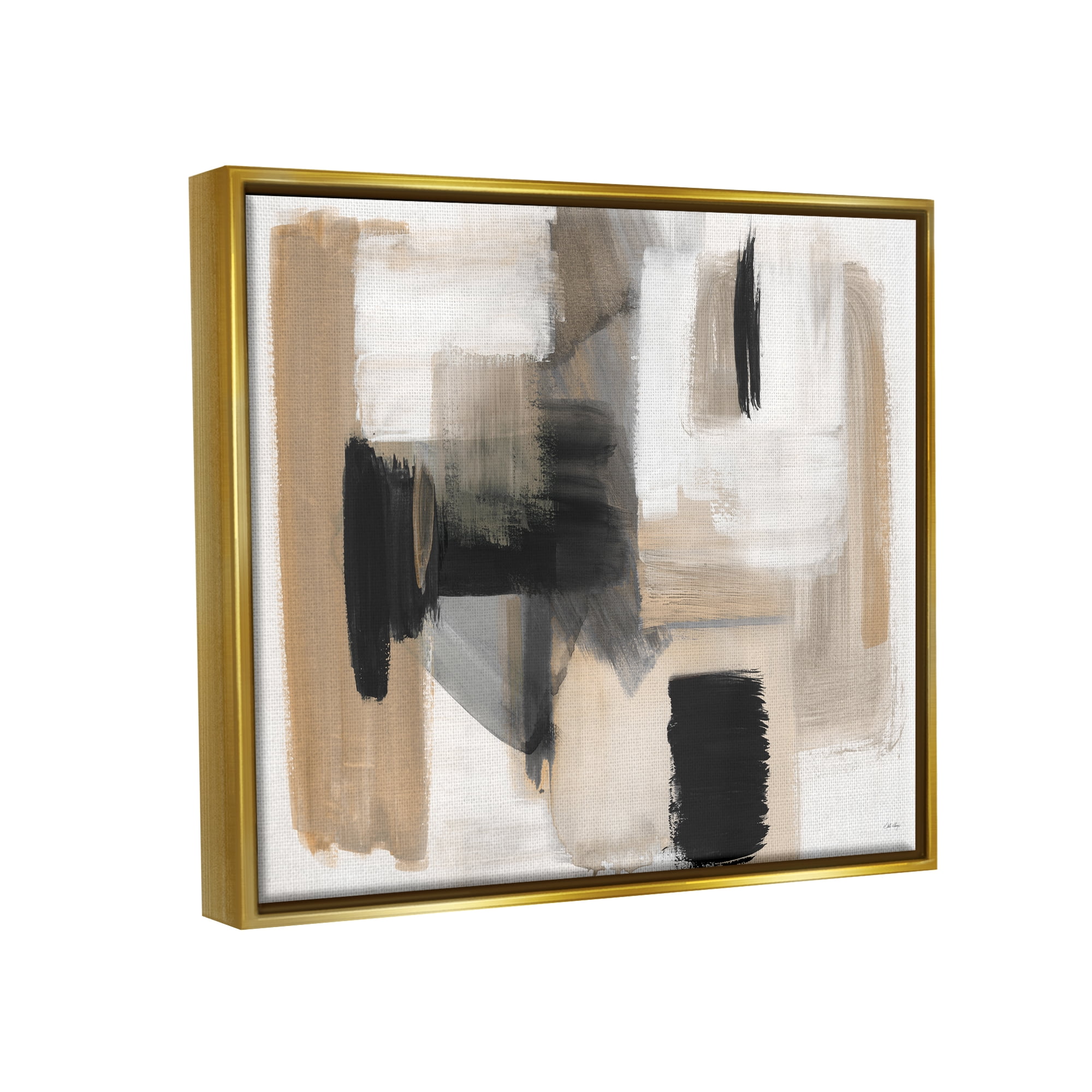 Stupell Industries Tan & Black Collage Abstract Painting Gold Floater Framed Canvas Art Print Wall Art, 31 x 25