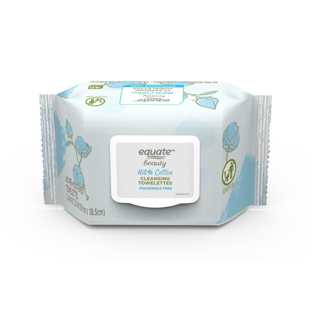 Equate Beauty Fragrance Free 100 Cotton Cleansing Towelettes, 40 count