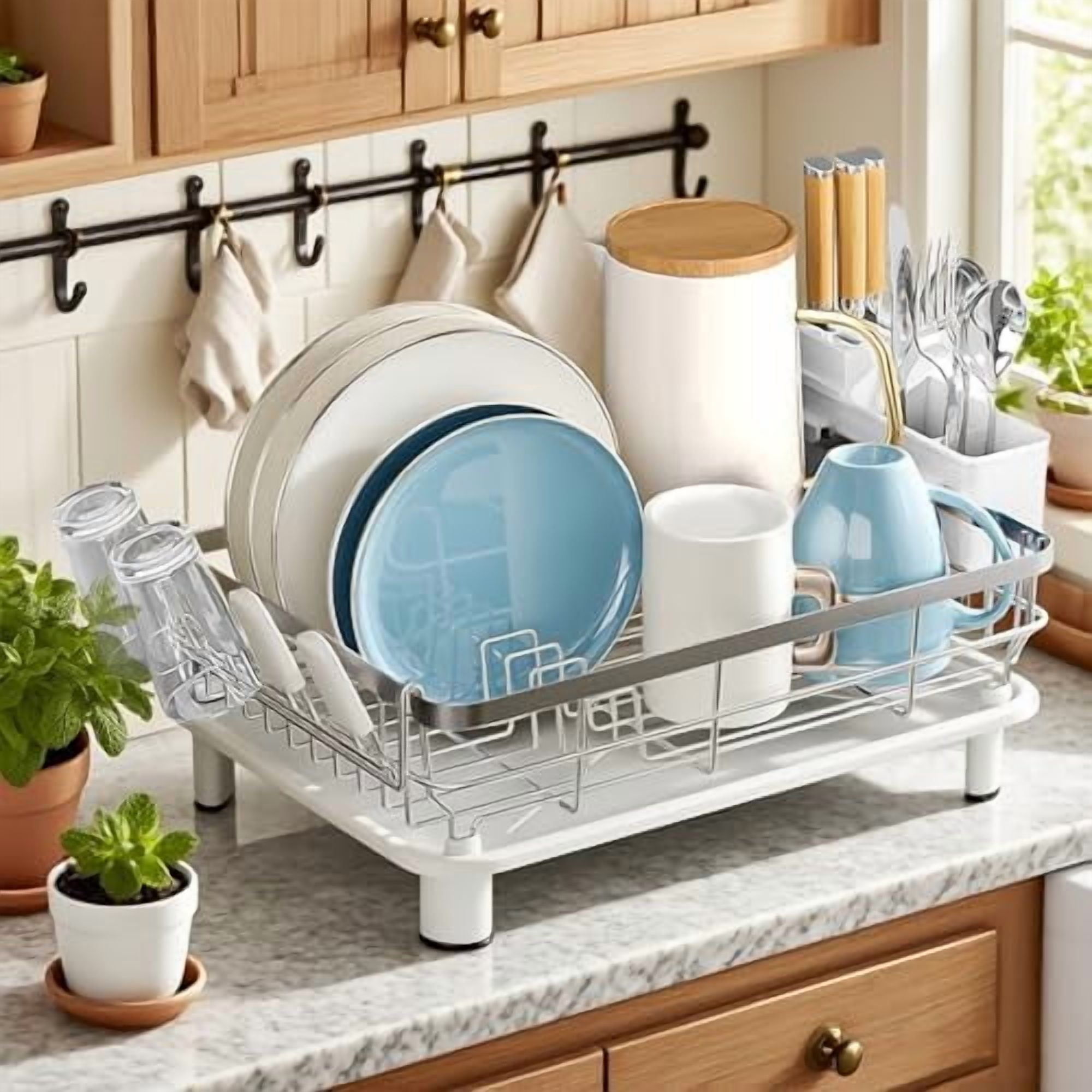 Dish Drying Rack, Dish Rack, Stainless Steel Dish Racks for Kitchen Counter, Dish Drainer with Removable Utensil Holder, Drainboard (White,Stainless Steel,13''W x 17''L)