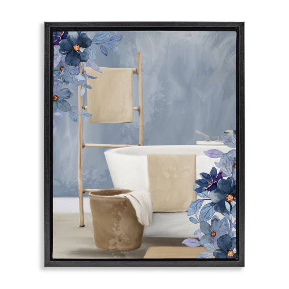 Stupell Industries Cottage Bathroom Blues Floral Scene Black Floating Frame Canvas Art, 17 x 21, by Kim Allen