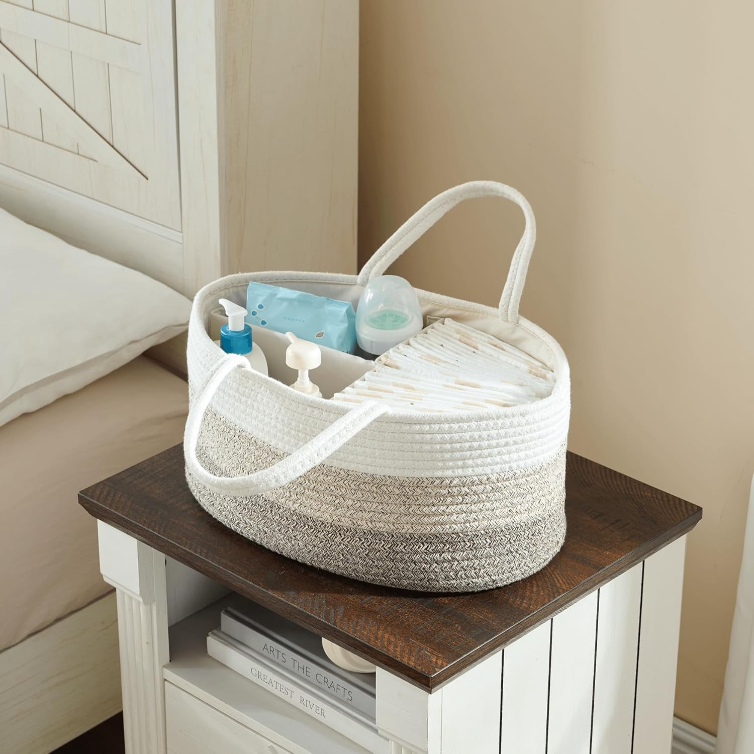Diaper Caddy Organizer, Large Cotton Rope Nursery Baby Basket, Changing Table Organizer for Baby Diaper Storage, Portable Car Organizer Removable Divider (Gradient Brown, Extra Large)