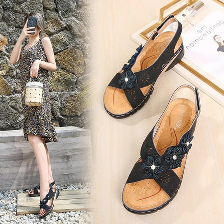 

Women Sandals Summer Slippers Hollow Out Casual Flowers Wedge Heel Buckle Shoes
