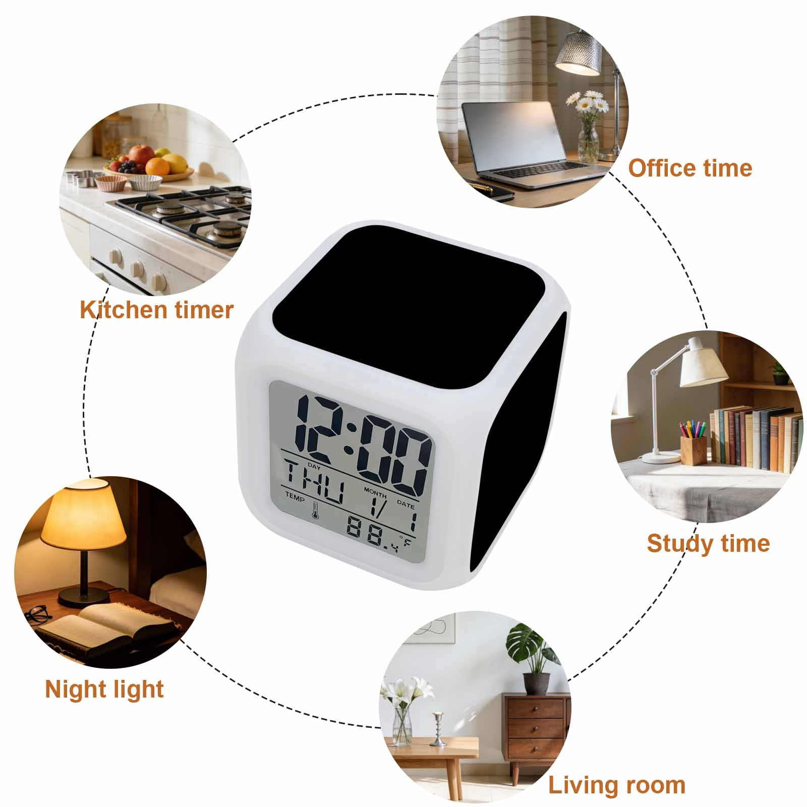 Black Digital Alarm Clock for Bedrooms, Smart LED Alarm Clock with 7 Color Changing Night Light, Pure Black Silent Wake Up Clocks for Sleep Study Cooking 3.2"x3.2"
