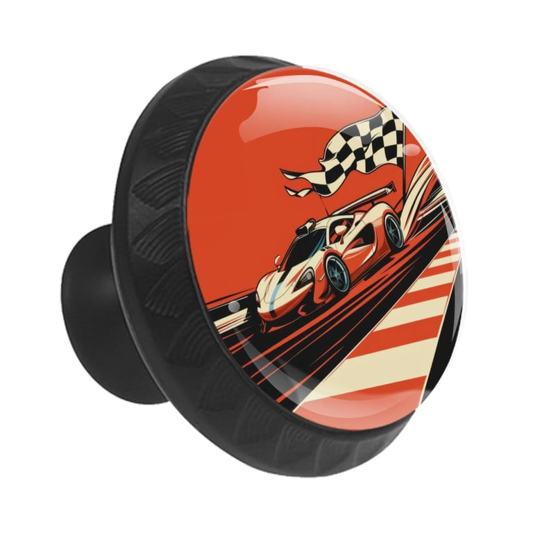 4Pcs Racing Car Checkered Flag Drawer Knobs, Glass Top With Black Base 30mm, Stainless Screws For Cabinets & Closets