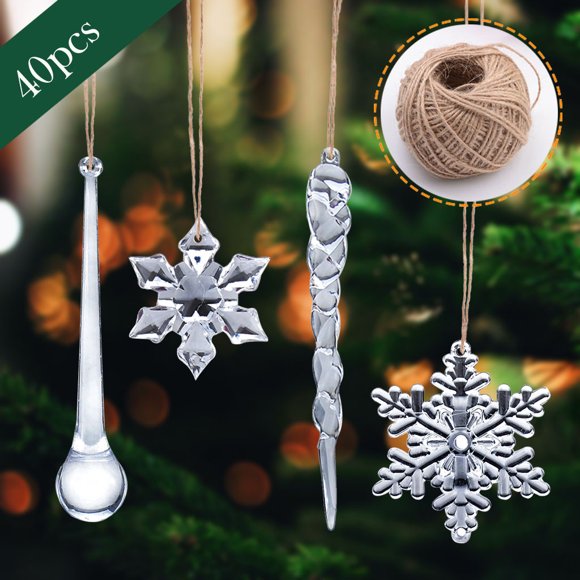 Rvkxad 40PC Snowflake Icicle Ornaments, Acrylic Crystal Christmas Tree Decorations with Holes, Christmas Decor, Snowflake Ornaments