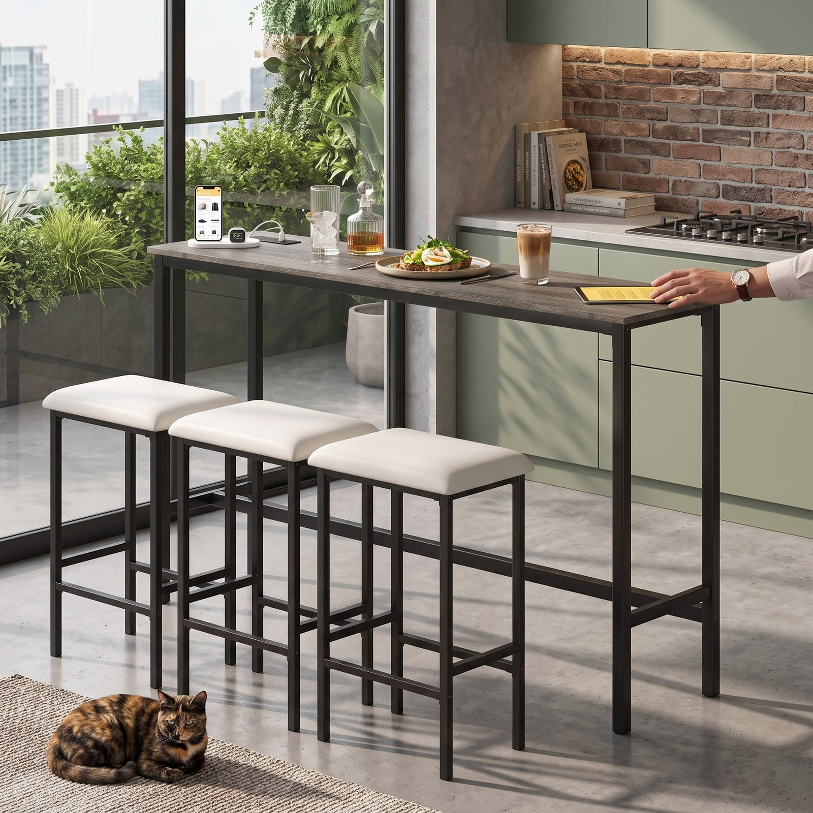 Furnibear 4-Piece Counter Height Bar Table Set with Power Outlet & USB Ports, 60" Pub Dining Table with 3 Padded Backless Stools, Space-Saving Kitchen Breakfast, Gray