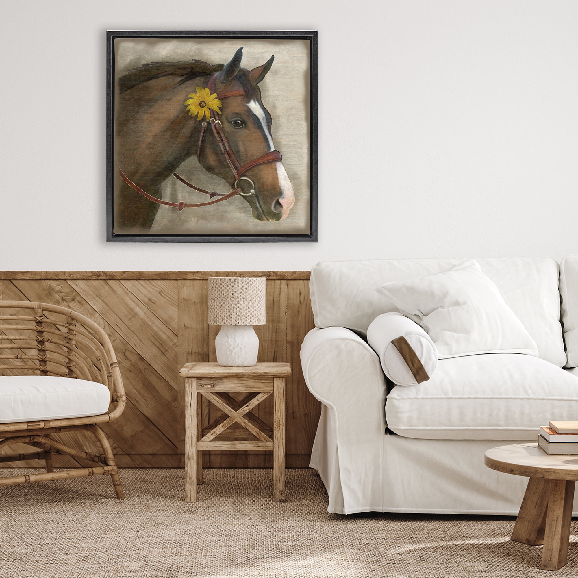 Stupell Industries Barnyard Horse with Daisy Black Framed Floater Canvas Wall Art, design by Suzanne Nicoll