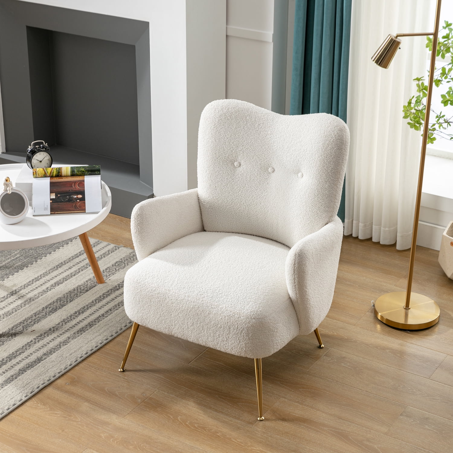 Kadyn Modern Teddy Short Plush Particle Armchair, Altay Velvet Accent Chair with Golden Metal Legs and High Back, Upholstered Accent Lounge Chair for Living Room, White