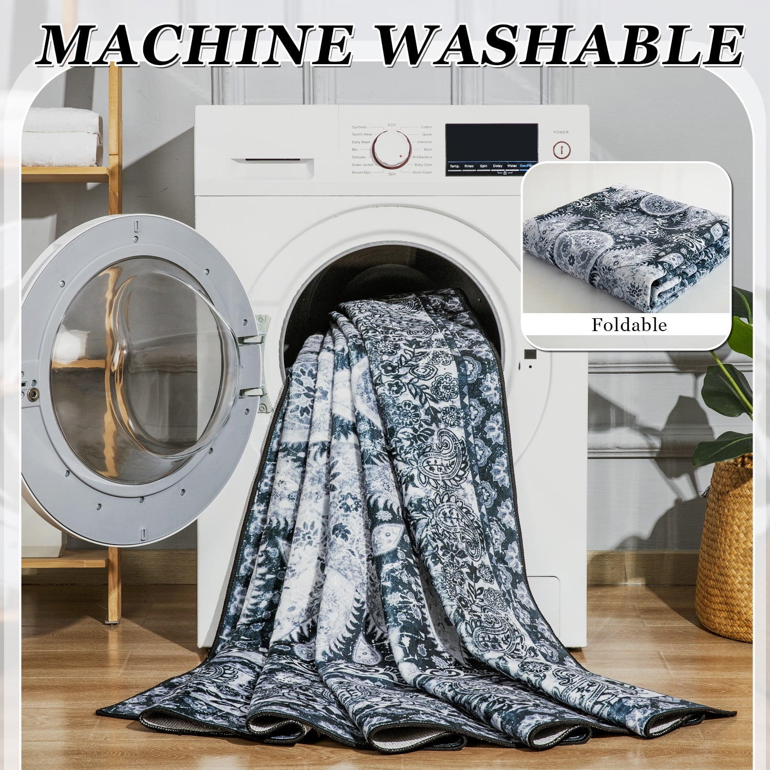 Wondo 4x6 Area Rugs for Living Room, Machine Washable Vintage Rug, Non-Slip Low Pile Throw Rugs with Rubber Backing Washable Carpet for Bedroom Dining Room Kitchen Home Decor, Black