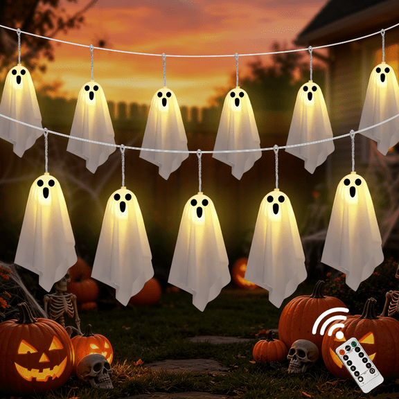 12-Pack 7.8" Mini Halloween Hanging Ghost String Lights, Warm White LED, 128" Total, Battery Powered, Remote with 6H Timer & 8 Modes, Indoor/Outdoor Yard, Porch & Garden Decor