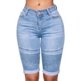 thumbnail image 1 of Women Mid Rise Elastic Zip Skinny Denim Knee Length Curvy Stretch Shorts Jeans, 1 of 7