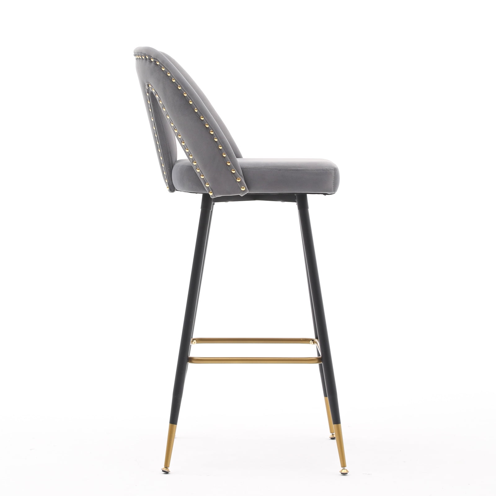 Kepooman 28" Bar Stools, Set of 2 Counter Height Stools Industrial Metal Barstools with Nailheads and Gold Tipped Black Metal Legs, Grey