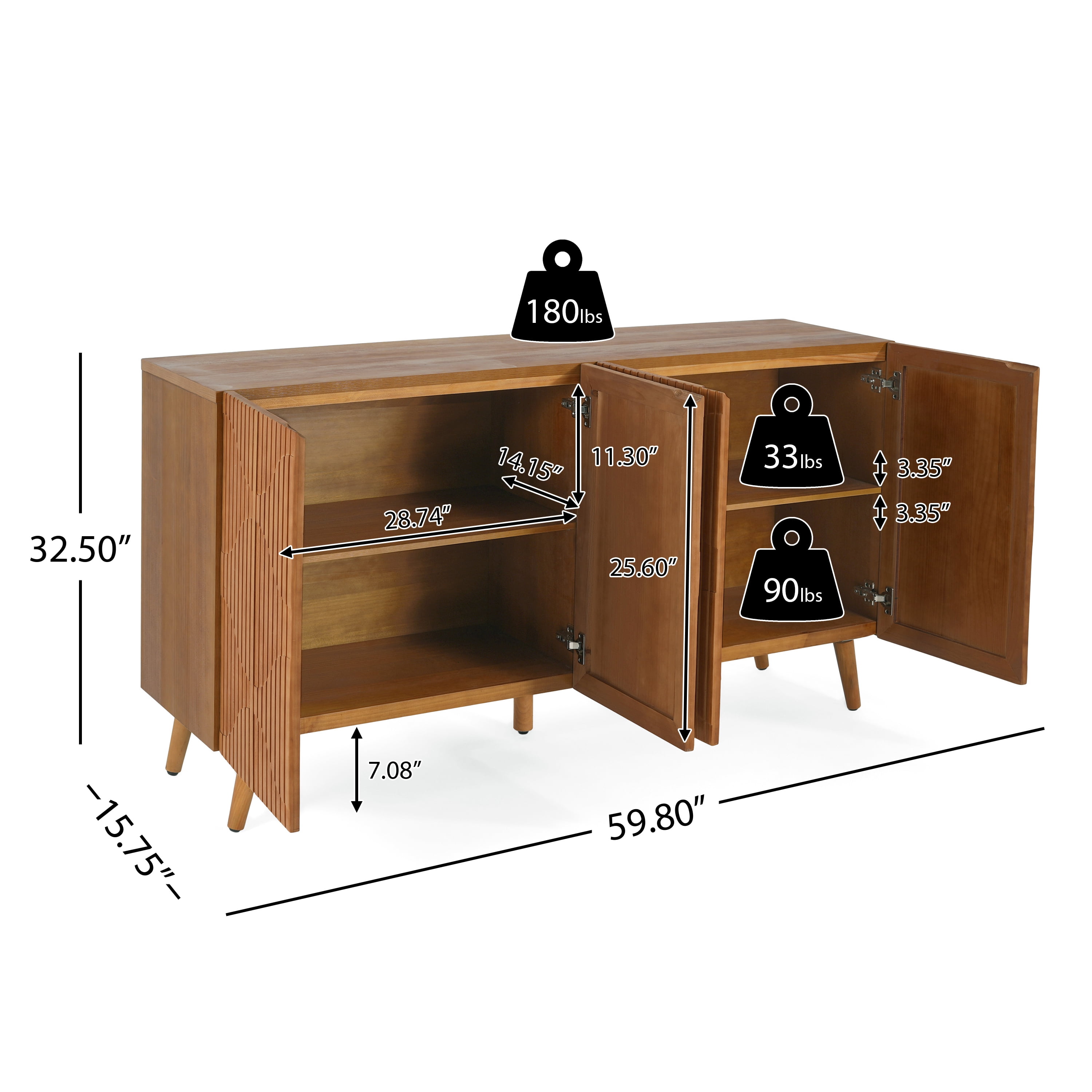 Euroco 59.8" Buffet Sideboard Cabinet,Wood Coffee Bar Station Table with 4 Doors and Adjustable Shelves,Modern Cupboard for Kitchen, Livingroom,Brown