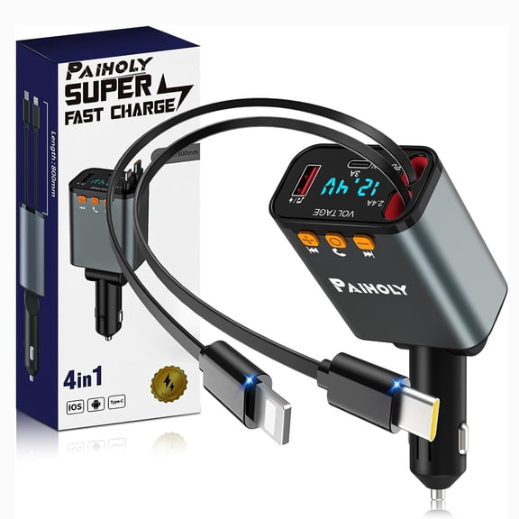 Bluetooth 5.3 Car Adapter, FM Transmitter Bluetooth Car Charger, 4 in 1 Retractable Car Charger, Phone USB C PD Fast Charging Adapter for RV SUV Truck, Fit Phone 17/16/15/14 Samsung Galaxy S25/S24