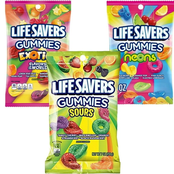 Life Savers Gummies 7 Oz Variety 3 Pack (Neons, Exotics, Sours)