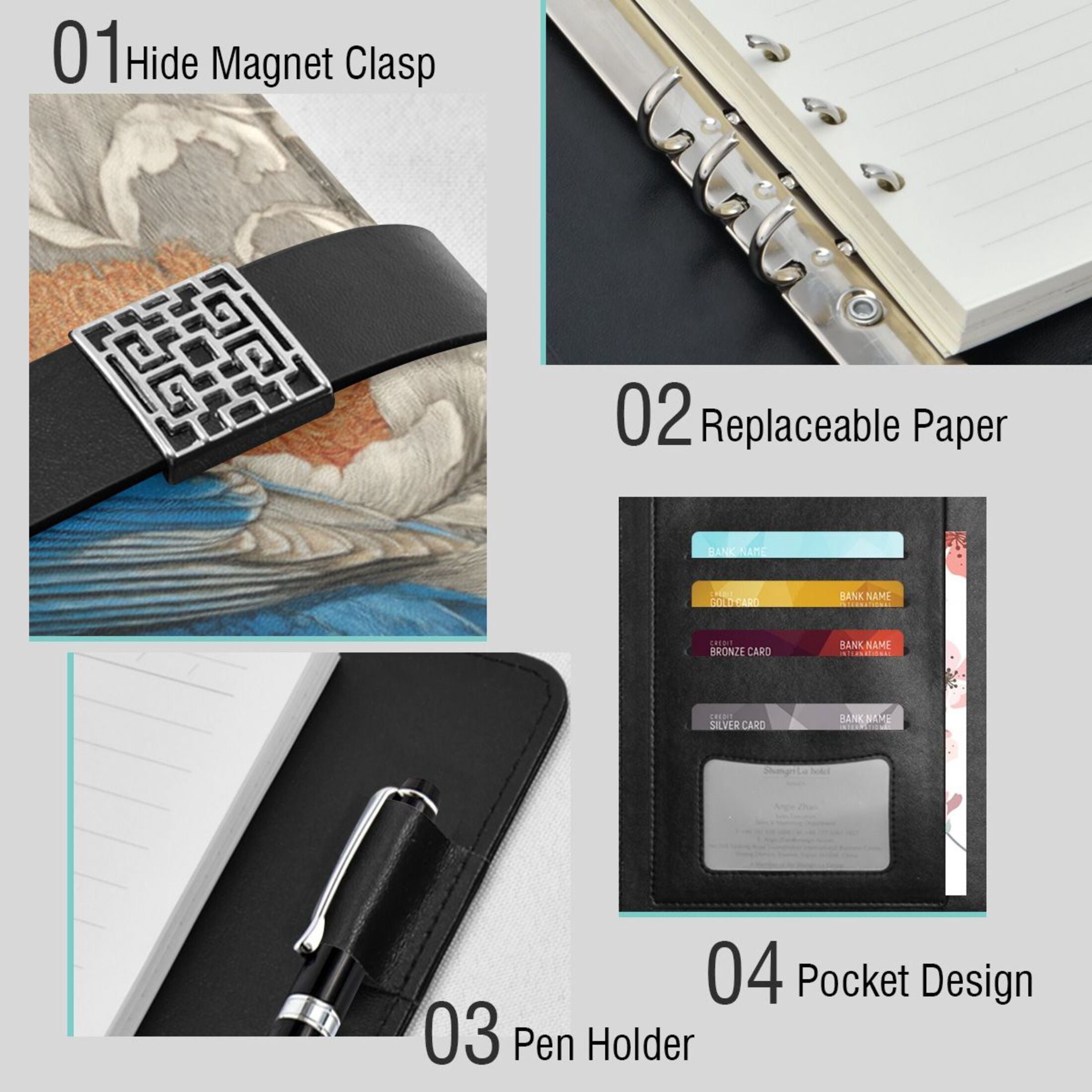Leather Planner Leather Notebook Notebook Journal Binder Design Pen Pocket Design Convenient for Storage Blue Bird Peony Surrounding