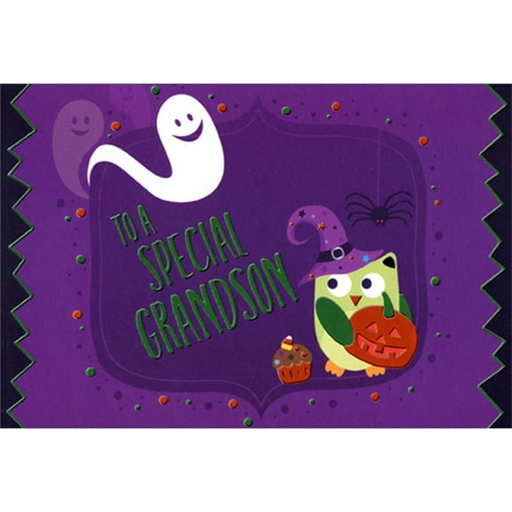 Pictura Ghost and Owl on Purple : Green Foil Zig Zag Border Juvenile Halloween Card for Grandson