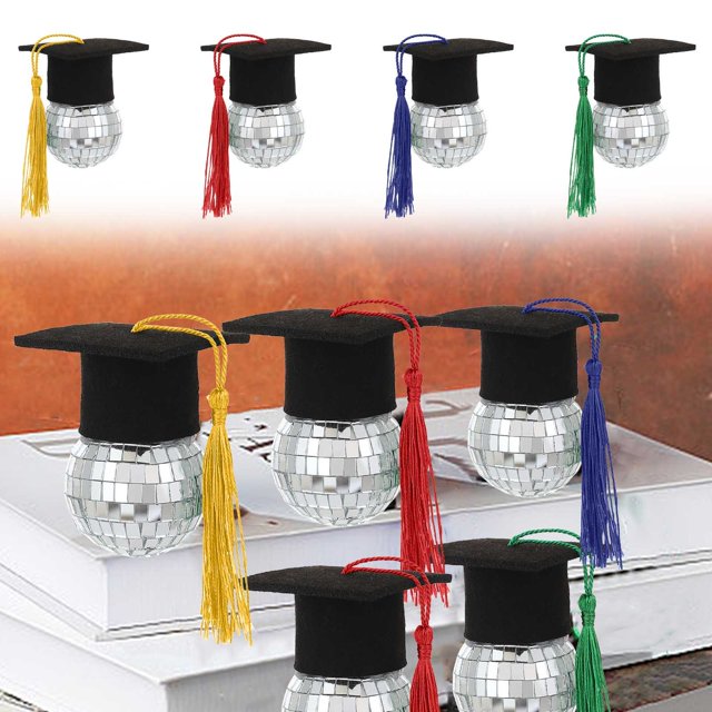 Decoración de bola de borla de graduación | Centro de mesa de bola de espejo brillante para la fiesta de graduación del campus | Tema del sombrero doctoral | Decoración festiva reflectante | 5x7cm