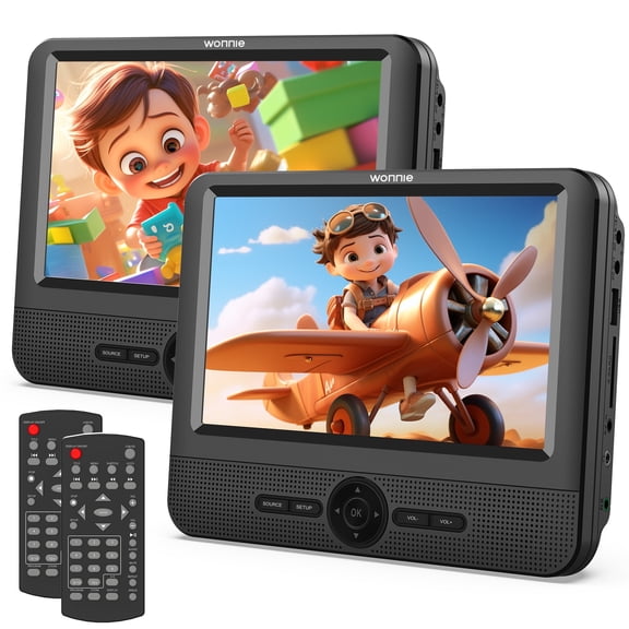 WONNIE 7.5” Dual DVD Player for Car, Portable Dual Screen DVD Player for Kids with Strap, AV In/Out, Support Play Same or Two different Videos/USB/SD, Best Kids Gift (Without Built-in Battery)