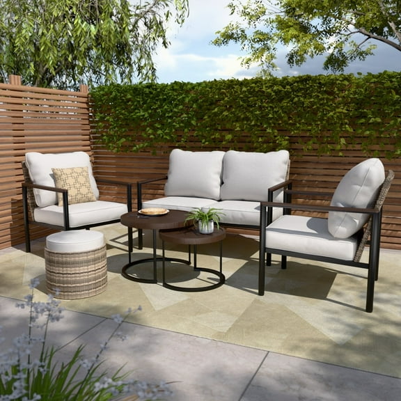 COOS BAY Sand Dune 6-piece Light Brown Wicker Outdoor Patio Conversation Set with Wood Grain Top Nesting Coffee Tables and Ottomans, Beige Cushions