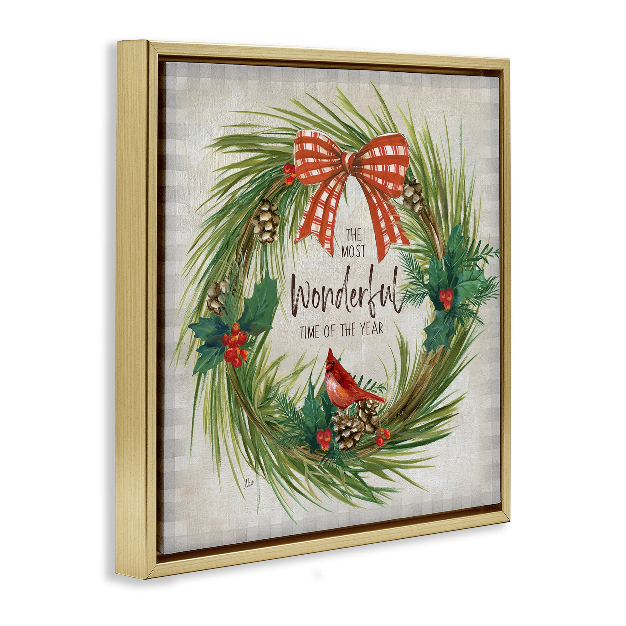 Stupell Industries Most Wonderful Time Wreath Holiday Painting Gold Floater Framed Canvas Art Prints Wall Art, 25 x 25