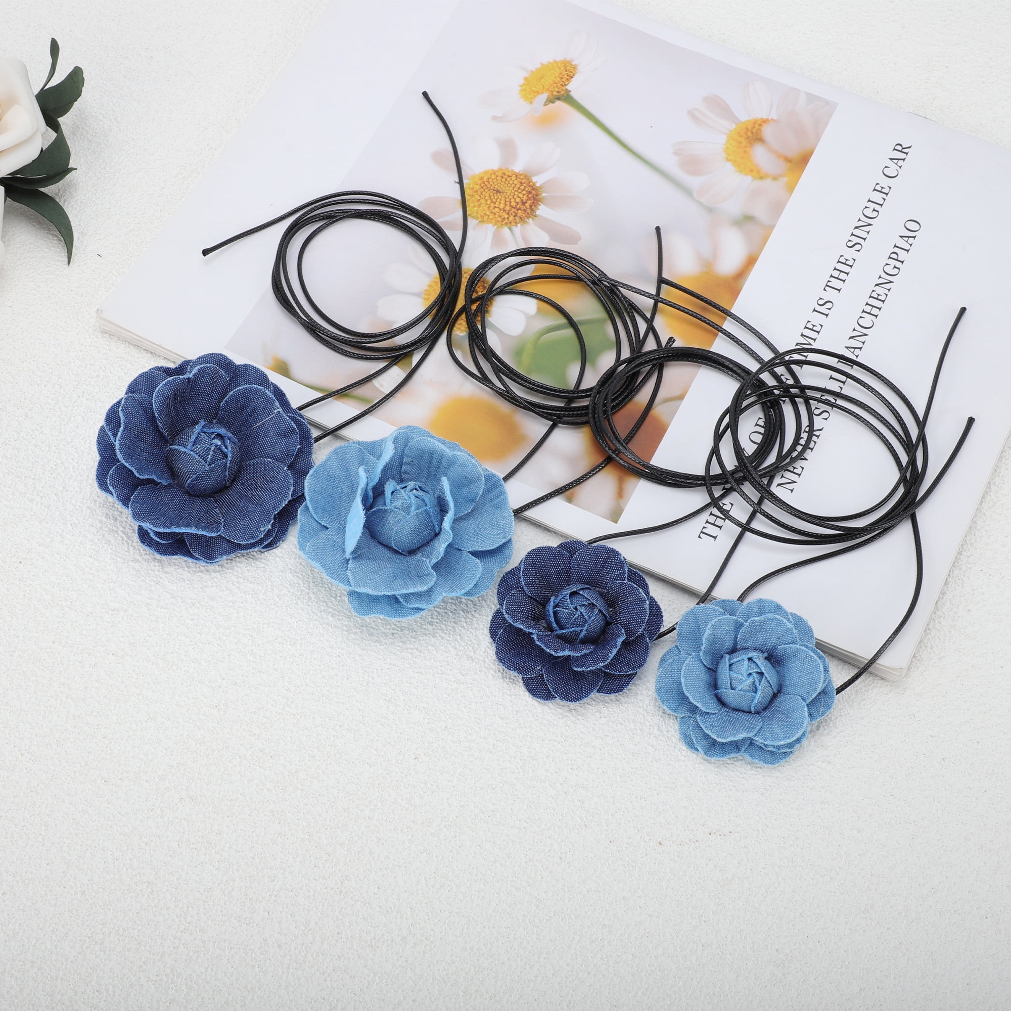 Unique Bargains Denim Flower Tie-Down Choker Necklace Light Blue 110cm