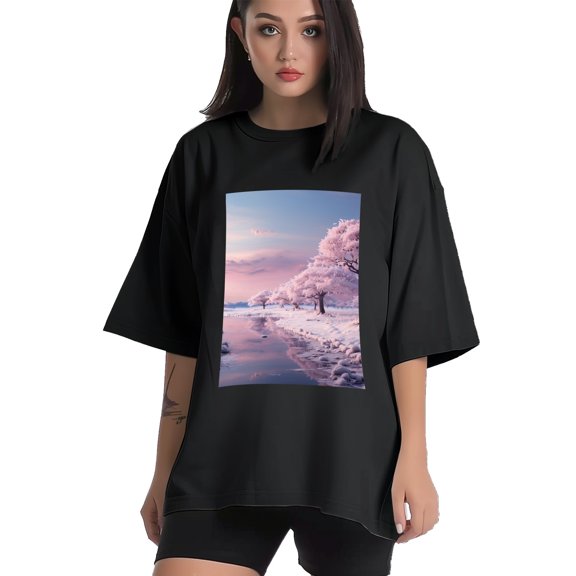 Plus Size Shirt for Women Black Tops for Women Short Sleeves Shirt for Women Landscapes T Shirt Crewneck Shirt for Women XS