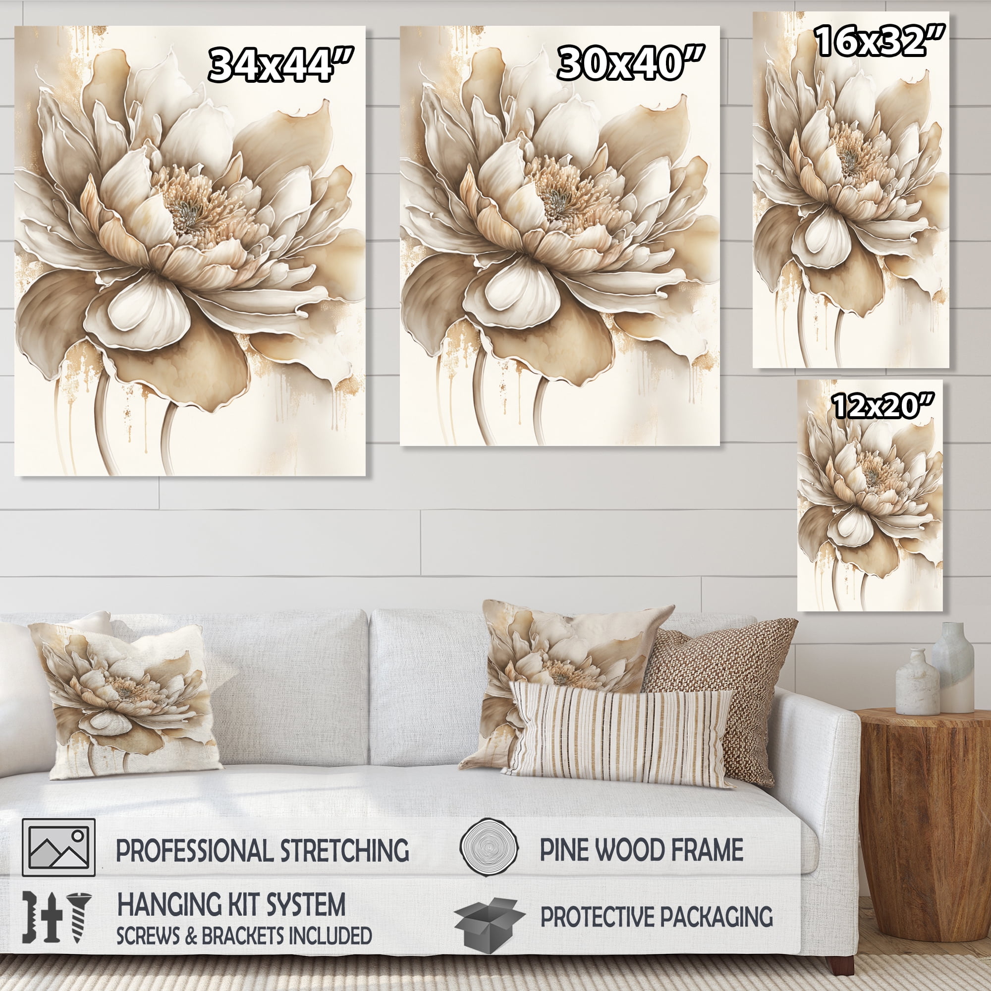 Designart Indigold Beige Flower III Canvas Wall Art