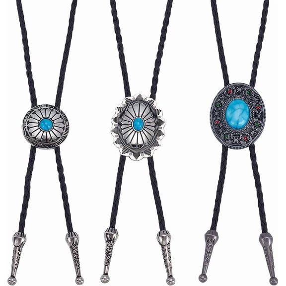 3Pcs Vintage Bolo Tie Turquoise Western Cowboy Leather Necktie Adjustable Handmade Pendant Necklace Oval Round Shape Native American Bola Tie Costume Accessories for Men Women