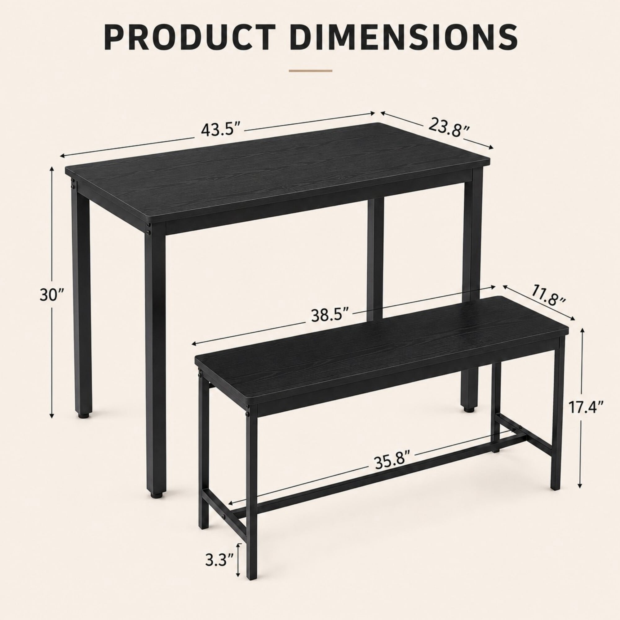 DEALTOPS 3-Piece Industrial Dining Table Set with 2 Benches – Compact Kitchen & Small Space Furniture, Black