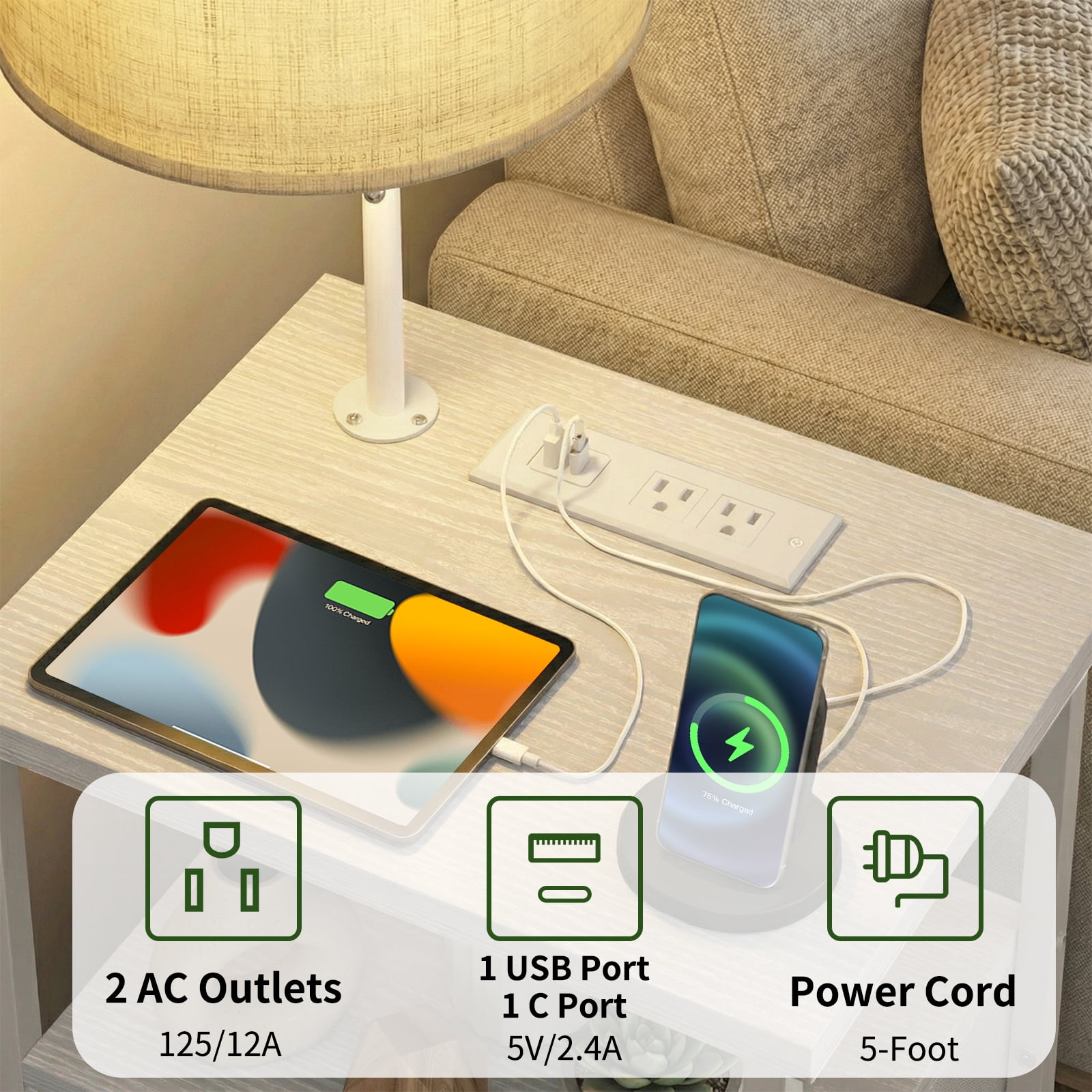 TOMNK Floor Lamp with Table, End Table for Living Room with Lamp, Shelves Side Table with Charging Station(USB & AC Port), 3 Color Temperature LED Bulb, Modern Nightstand Lamp for Bedroom, Office