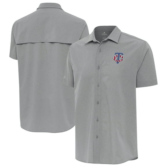 Men's Antigua Gray Minnesota Twins Activate Stars and Stripes Team Logo Short Sleeve Button-Up Shirt