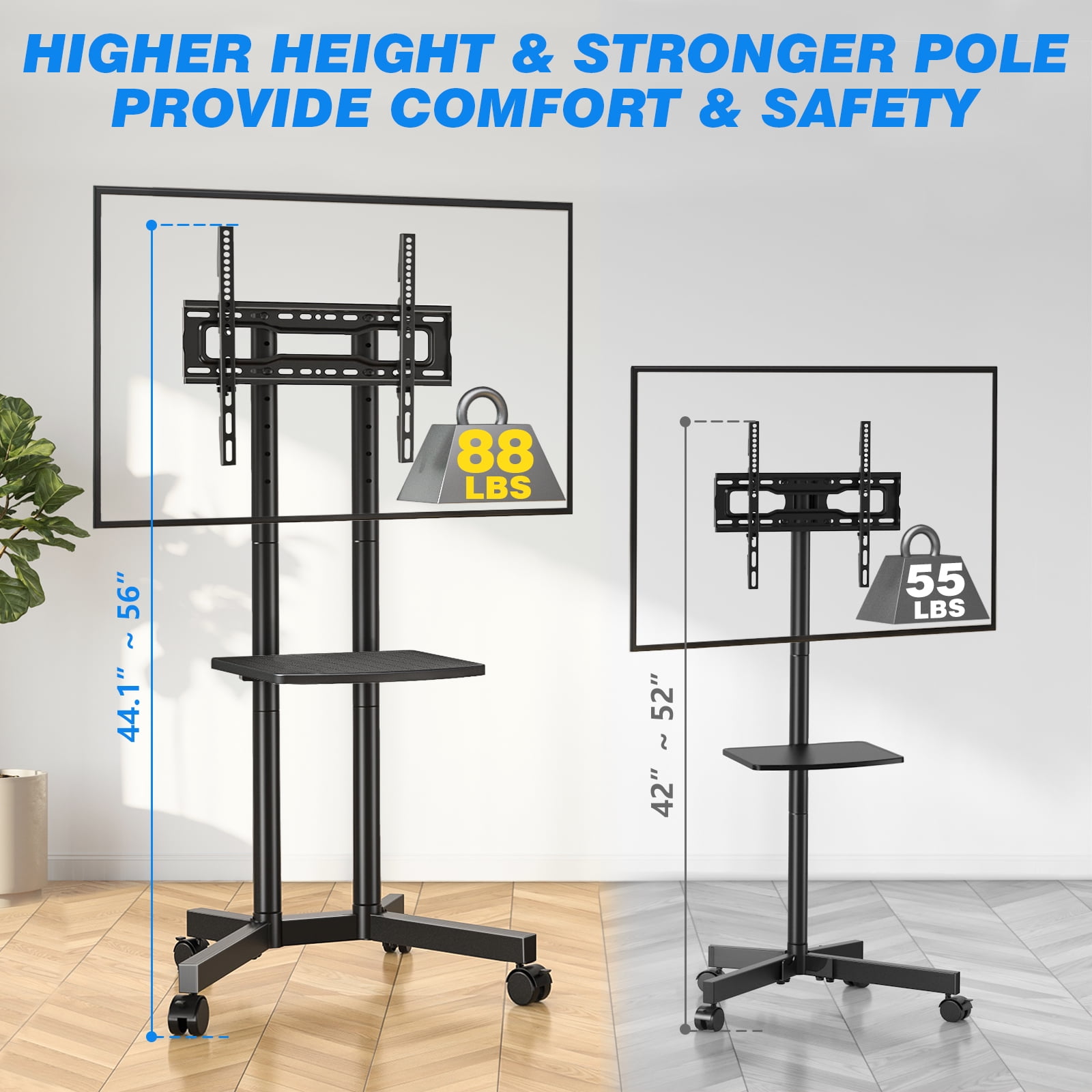 RTVR Rolling Mobile TV Cart Stand on Wheels for 32 to 75 inch Flat Curved Screens, Portable Movable TV Stand with Shelf, Modern Black
