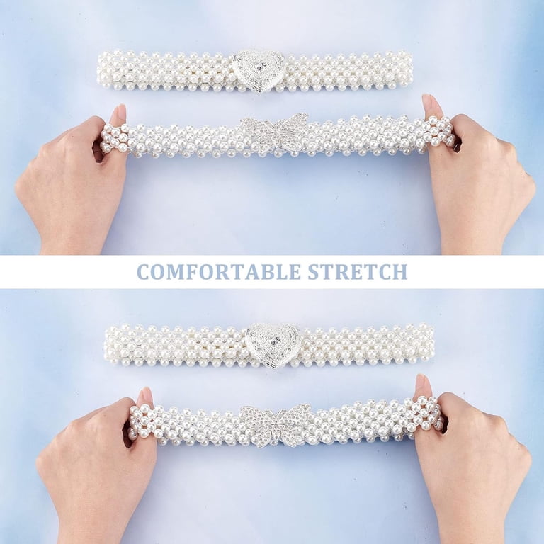Vintage Womens Pearl Stretch Belt Bow Buckle Coquette Bridal White XS S Booluee Women main image 3