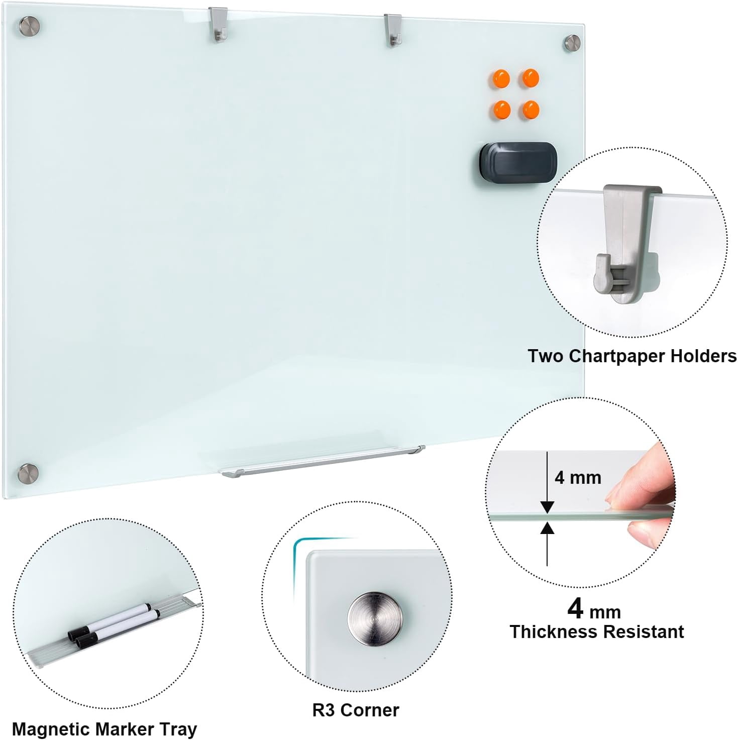 WingWise Glass Magnetic Whiteboard, Dry Erase Board, 48" x 36", Wall Mounted White Board, Frameless Board for Office, Home, School