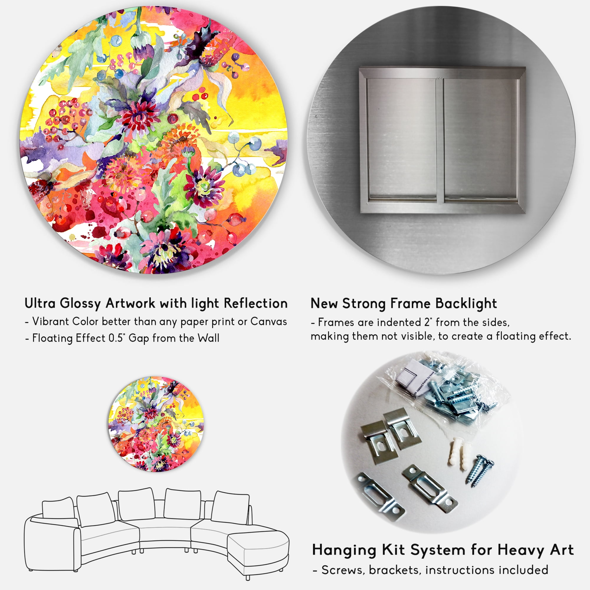 Designart 'Wildflowers and Vibrant Wild Spring Leaves' Modern Circle Metal Wall Art 29x29 - Disc of 29
