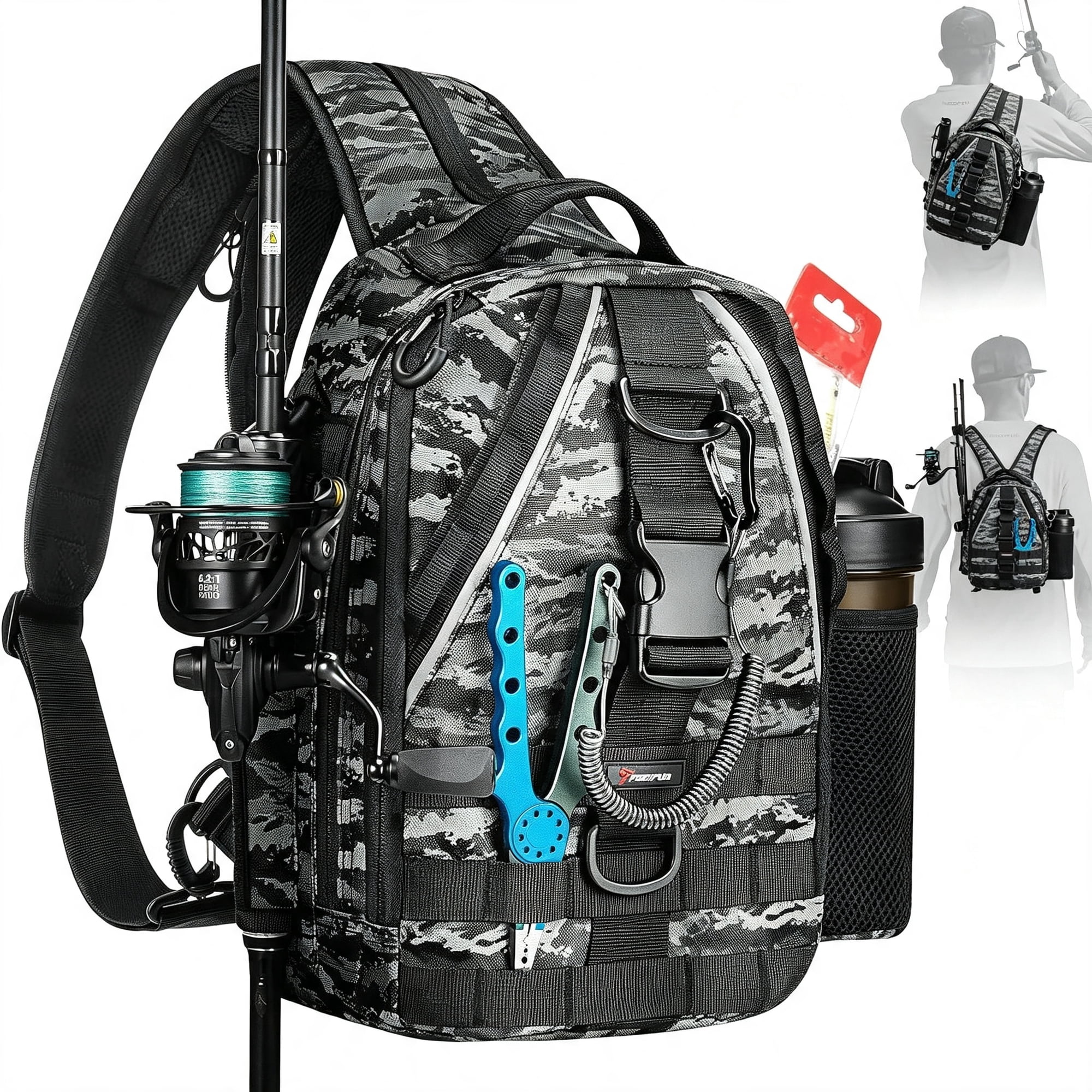 AOMRCOL Fishing Backpack Rod Holders Lightweight Sling Bag Black Camo|Fits 2X3600 Trays Bottle Pocket Molle Loops 4-Way Carry for Short Bank Fishing Trips