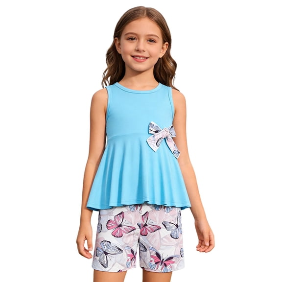 BOOMNY Girls 2 Peice Outfit Set Summer Clothes Set for Girls Sleeveless Butterfly Graphic Tops Shorts Cozy Kids Dailywear