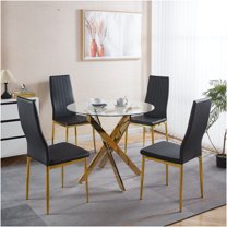 JERFIT 5-Piece Mid-Century Modern Dining Set with Glass Top Table and 4 Chairs, Black and Gold Metal Legs for Kitchen, Dining Room