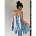 thumbnail image 2 of Womens Light Wash Denim Strap Mini Dress, Casual A-Line With Ruffle Hem, 2 of 5