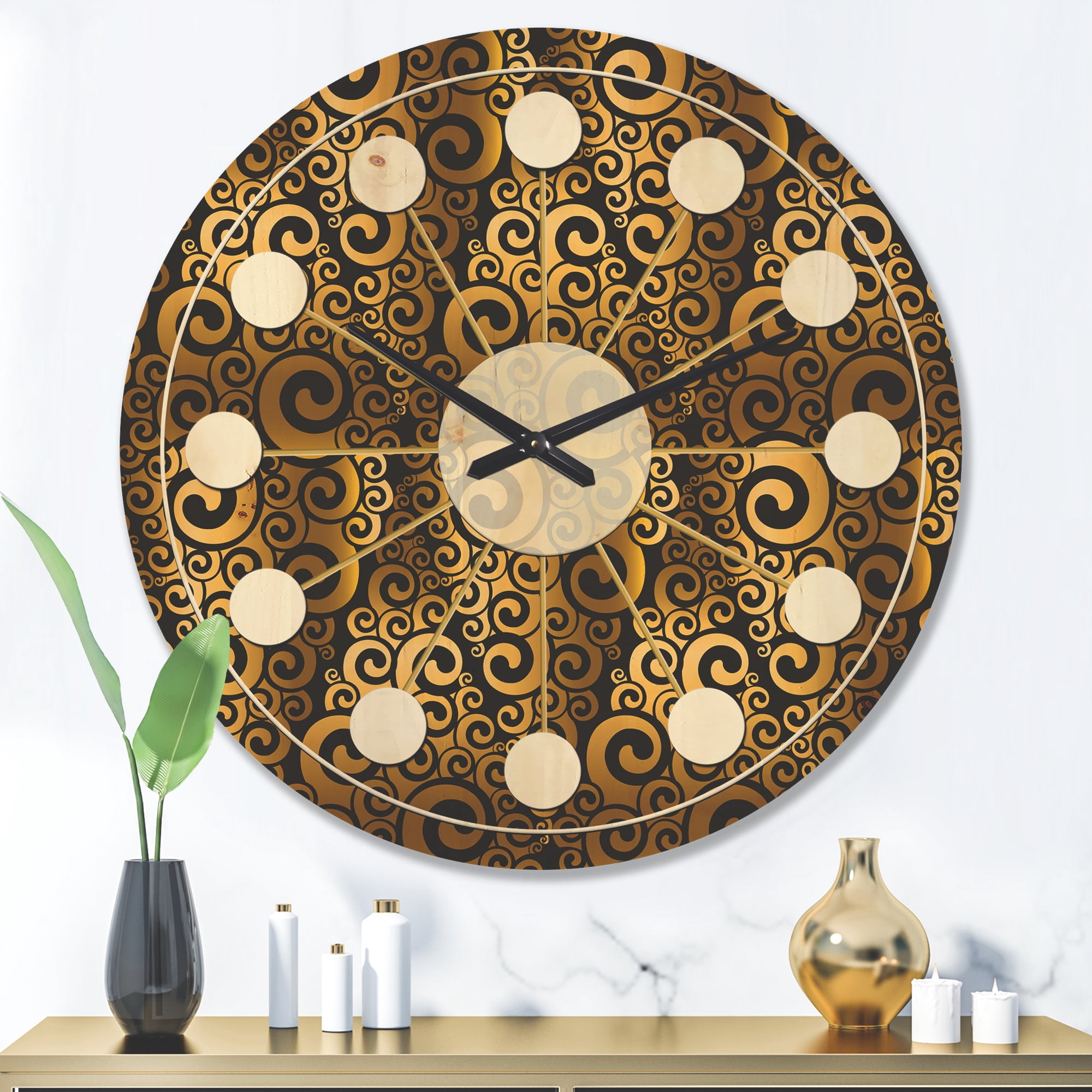 Designart 'Black and Gold Swirl I' Mid-Century Modern Wood Wall Clock