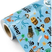 Ocean Wrapping Paper Roll - Mini Roll - 17 Inch x 9.8 Feet - Pirate Whales Dolphins Fishes Sea Blue Design for Boys Girls Kids Birthday, Baby Shower