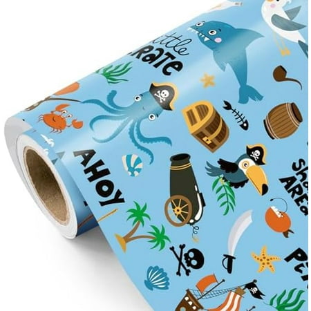Ocean Wrapping Paper Roll - Mini Roll - 17 Inch x 9.8 Feet - Pirate Whales Dolphins Fishes Sea Blue Design for Boys Girls Kids Birthday, Baby Shower