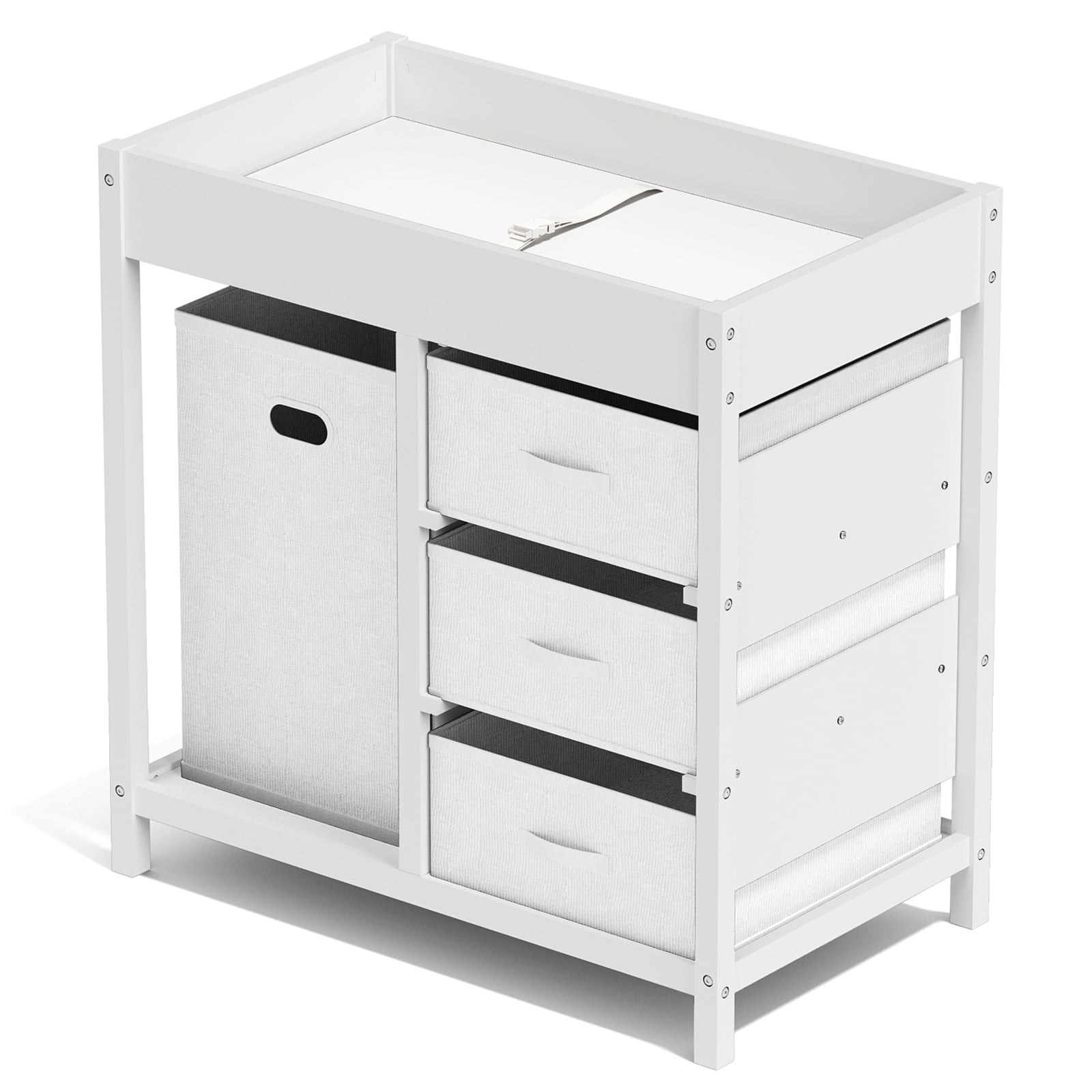 GLAF Baby Changing Table for Nursery - Diaper Changing Station with Laundry Hamper, 3 Storage Drawers, Changing Pad, and Safety Belt, White